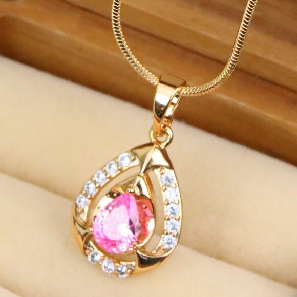 "Teardrop Pink Stone Pendant with Sparkling Accents in Gold Finish, XPPT1799 - Picture 1 of 13